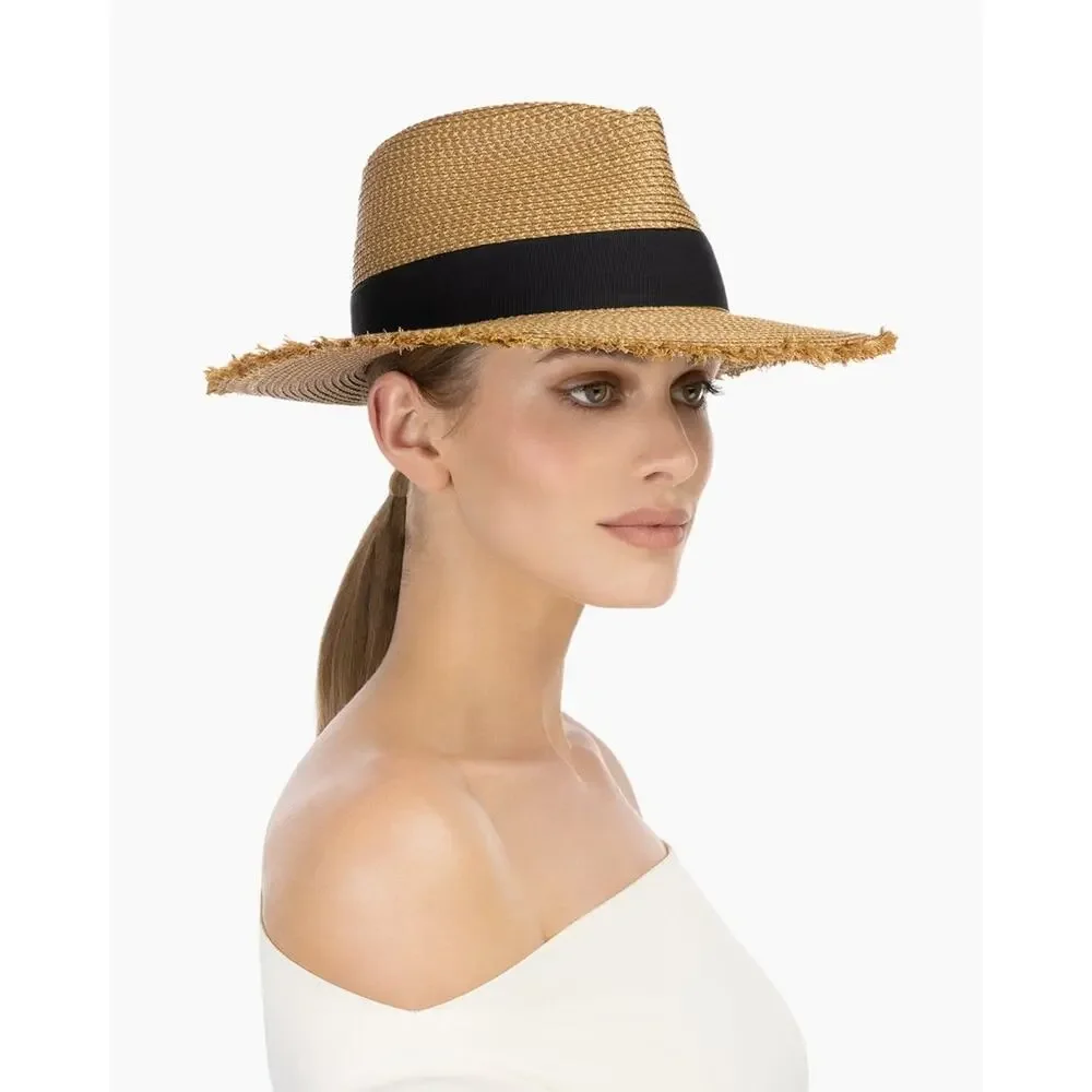 Eric Javits Squishee Packable Straw Fedora Fringe Pinch UPF 50+ - Picture 4 of 9